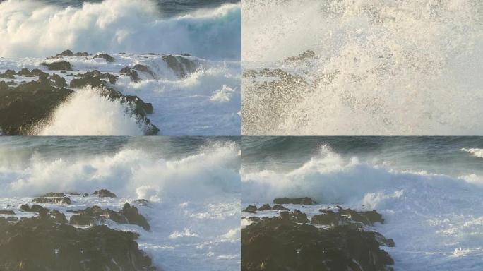 海浪大西洋冲向岩石，慢动作