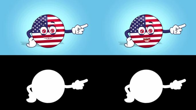 卡通美国图标国旗美国快乐的右指针与脸动画