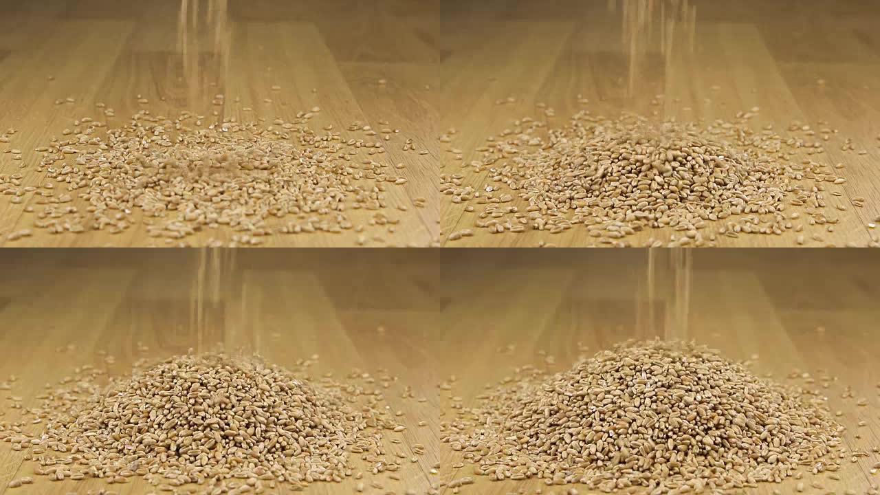 麦粒落在木底的一堆麦子上