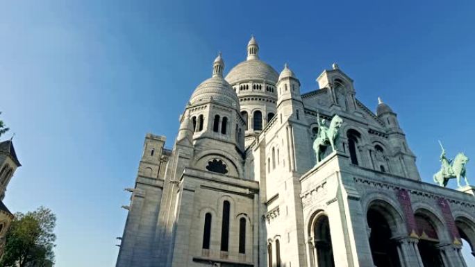 法国巴黎蒙马特圣心大教堂外部建筑的电影视图