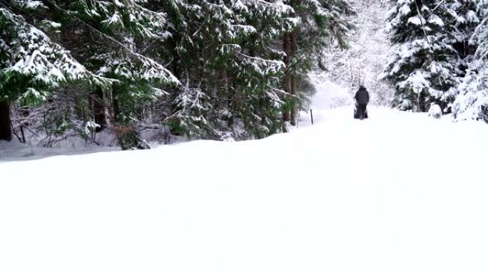 一个在森林地面上犁雪的人