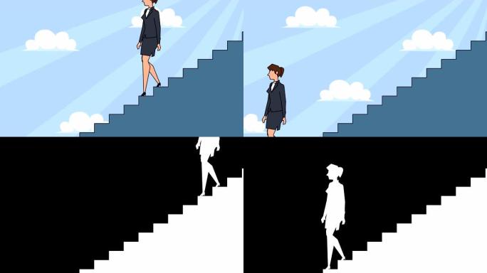 平面卡通女商人角色走下职业阶梯楼梯概念动画