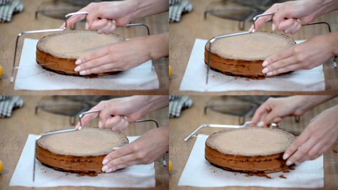 海绵蛋糕和线切割。制作多层海绵蛋糕。