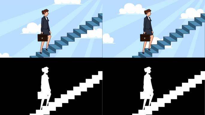 平面卡通女商人角色带箱包登上职业阶梯楼梯概念动画