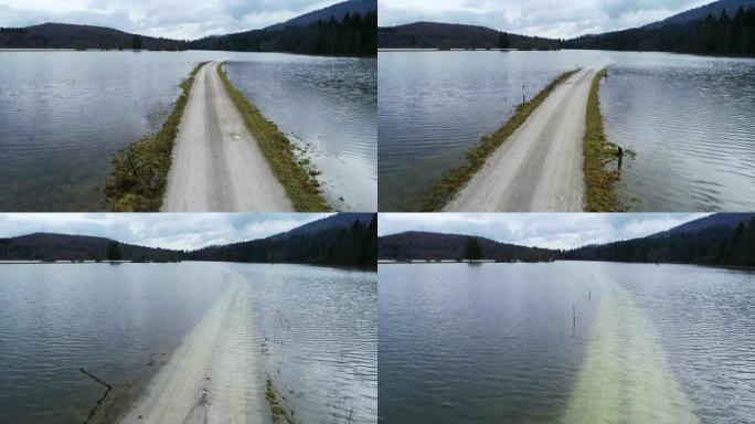 街道沉入洪水泛滥的乡村