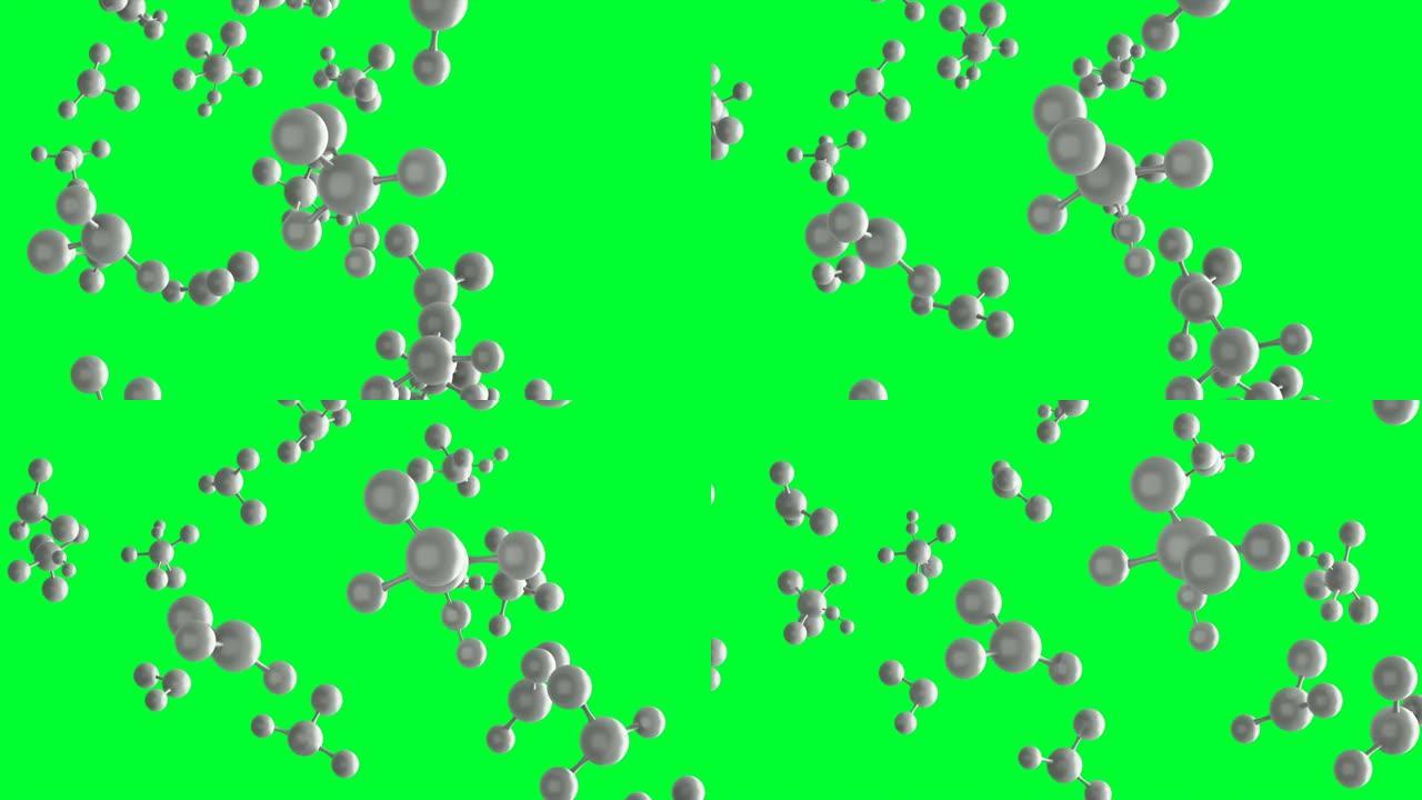 绿色背景上的分子或原子。数字技术科学、化学和医学概念中的抽象结构，3d抽象插图。