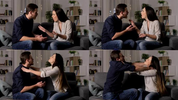 愤怒的夫妇在家里打架和勒死