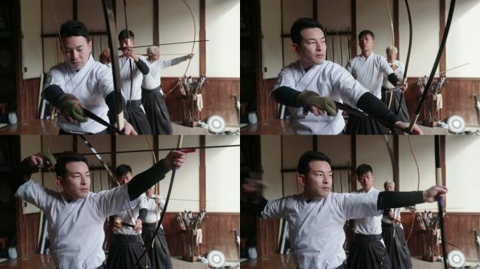 弓箭手在道场练习日本弓道的艺术