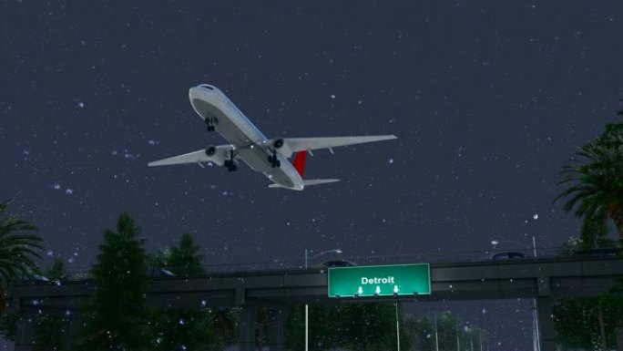 飞机在下雪的夜晚从美国底特律机场起飞