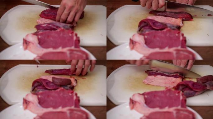 厨师用锋利的刀将牛肉侧面牛排切成薄片