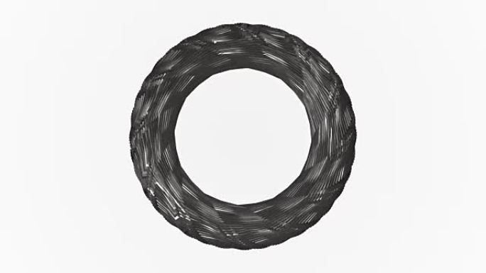 银色金属分形圆环旋转无缝循环4k动画视频孤立在白色背景上。