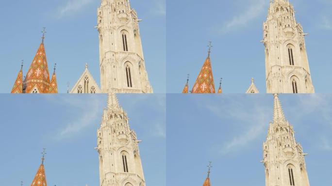倾斜马蒂亚斯教堂和布达佩斯布达山上附近的喷泉4K 2160p超高清镜头-马蒂亚斯-布达佩斯匈牙利布达