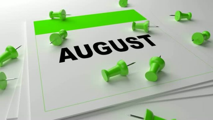 白色背景上的绿色8月日历，带绿色别针