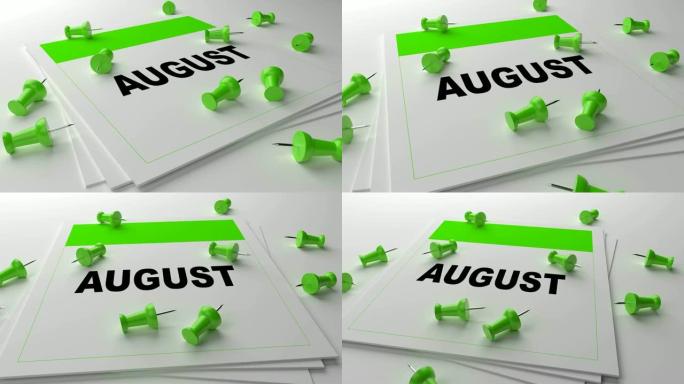 白色背景上的绿色8月日历，带绿色别针
