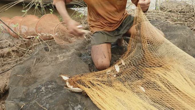 渔夫从网中取出夹入的鱼，并将其放在河岸的笼网中