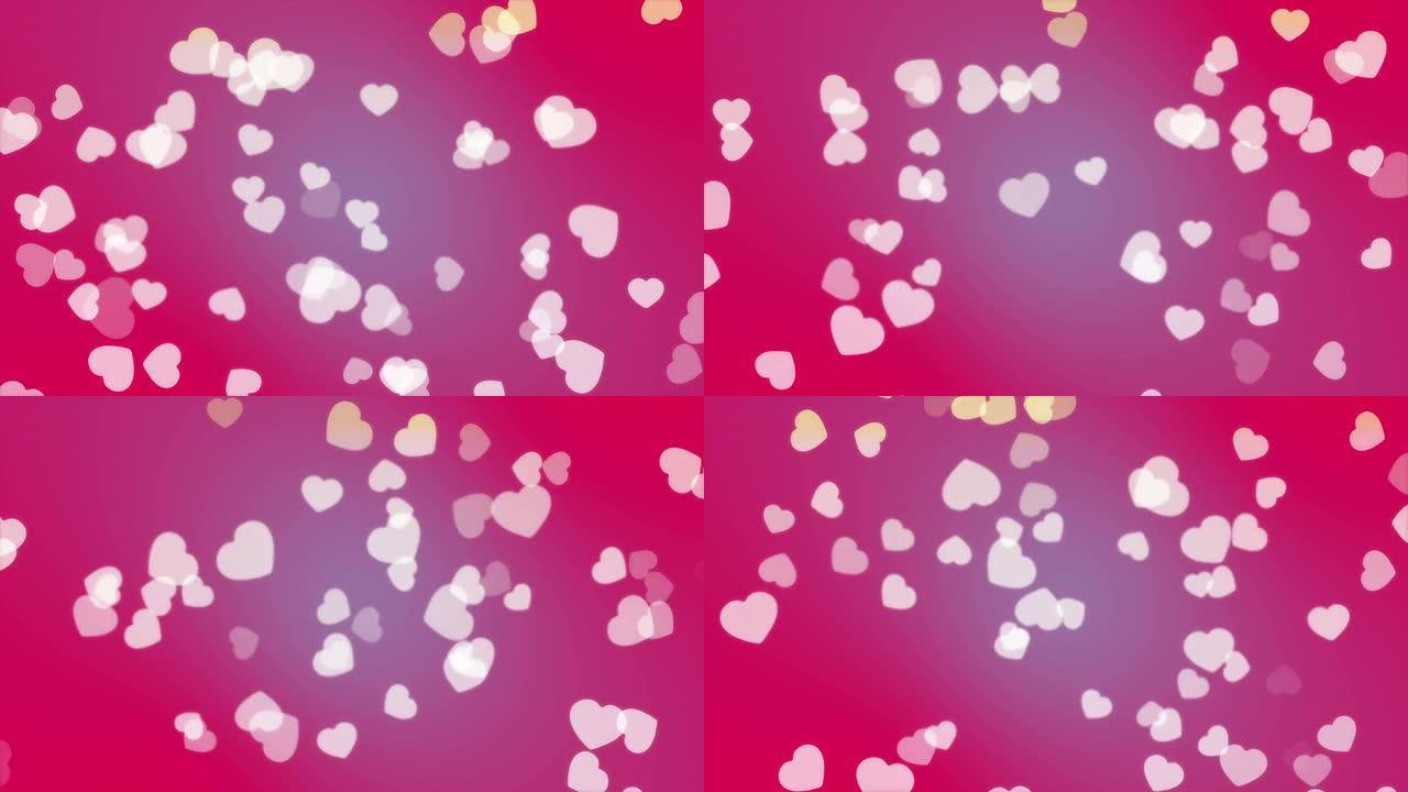 4k无缝循环白色心脏粒子在粉红色抽象背景运动