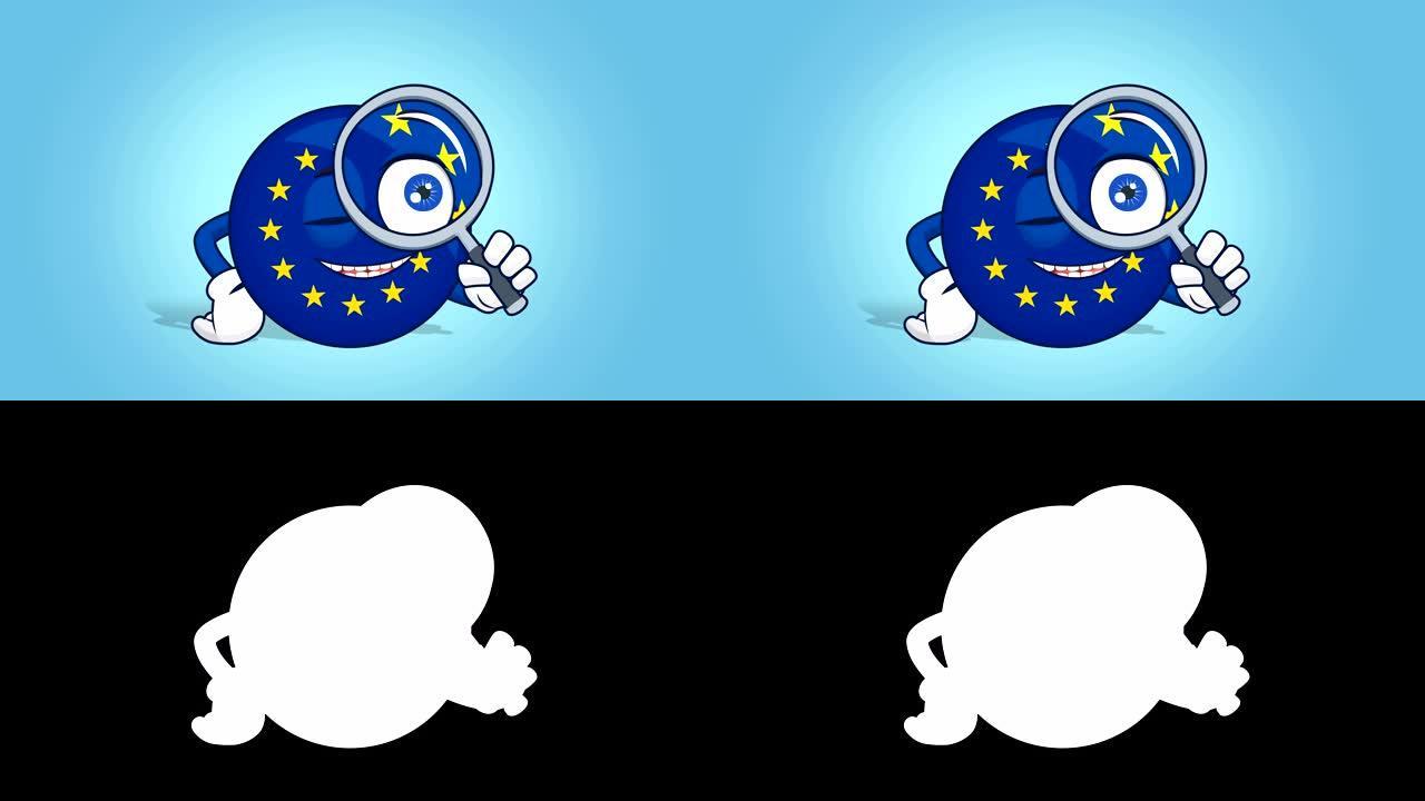 卡通欧盟图标旗帜放大镜与脸部动画