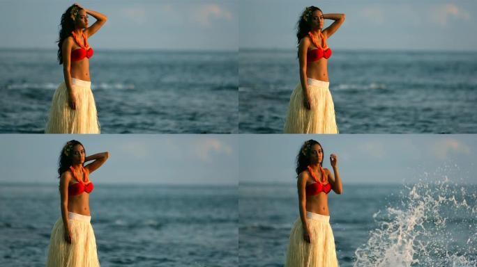 波利尼西亚妇女站在海浪上