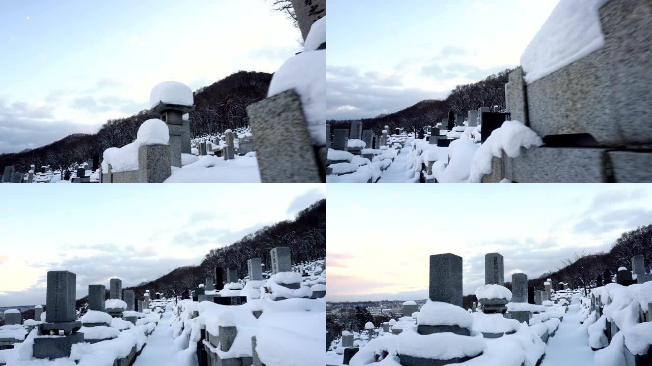 冬天被雪覆盖的墓地和墓碑