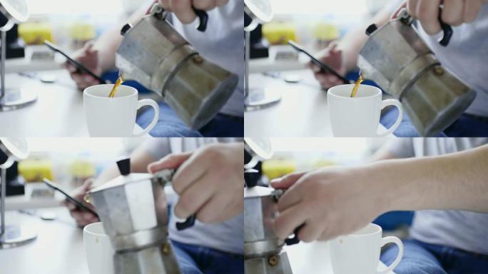 女人准备自制煎蛋卷和打蛋器混合的慢动作作物镜头。