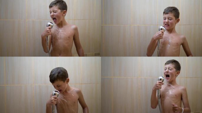 可爱帅气的小孩在浴室里唱歌跳舞