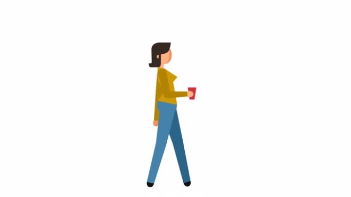 简笔画象形画女孩走路用咖啡杯人物平面动画