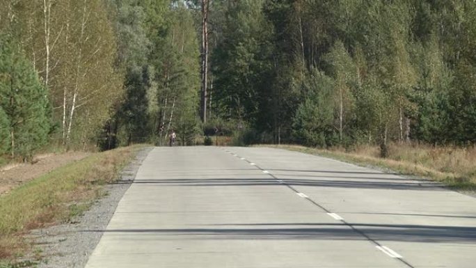 为车辆通行准备的森林道路。森林里的混凝土路。在水泥路上新的道路标记。骑自行车的人穿过森林路。