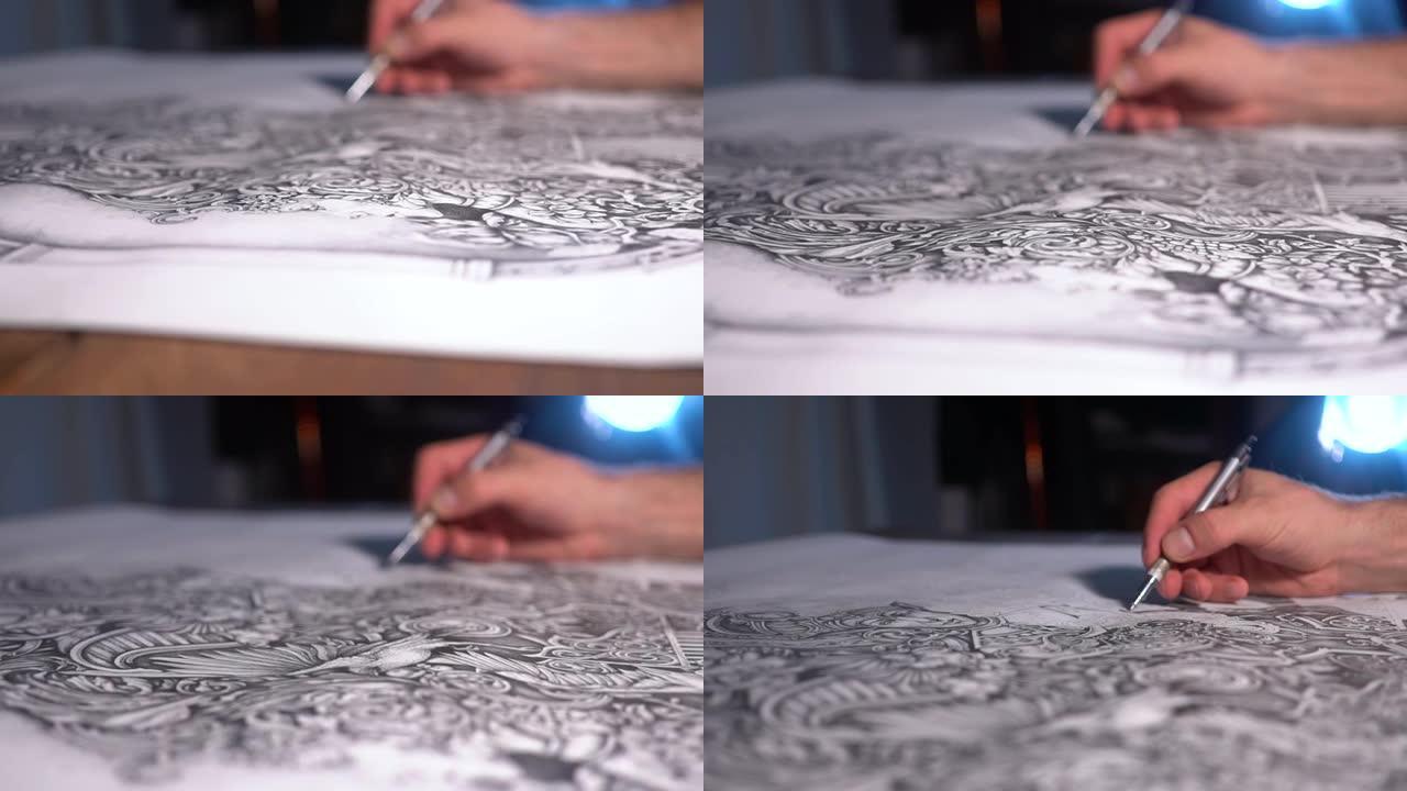 男性艺术家的手在他的工作室里用纸上画精彩的图案