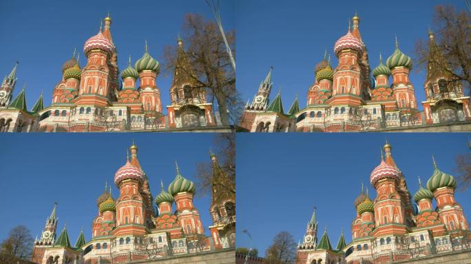 俄罗斯莫斯科克里姆林宫红场的蓝天背景圣巴西尔大教堂。
