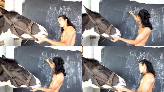 男人画画，在黑墙上设计一匹马