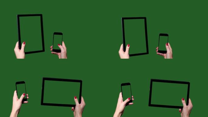 Chromakey。绿色屏幕。女性手中的平板电脑和智能手机。