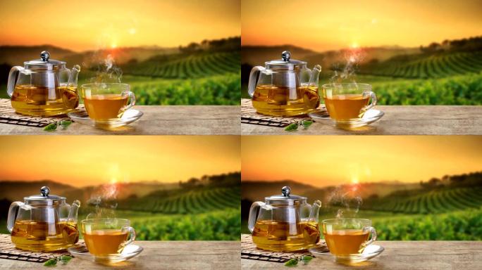 茶杯和玻璃壶或罐子，茶叶罐放在木桌上，茶园背景