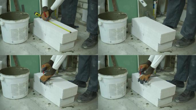 建筑商用卷尺和角尺测量加气混凝土砌块