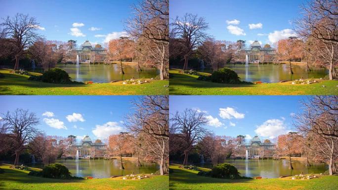 西班牙克里斯托宫4k延时阳光明媚的池塘全景