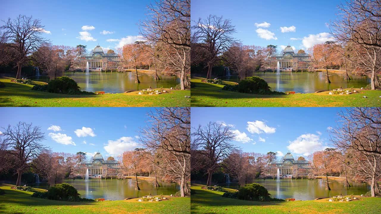 西班牙克里斯托宫4k延时阳光明媚的池塘全景