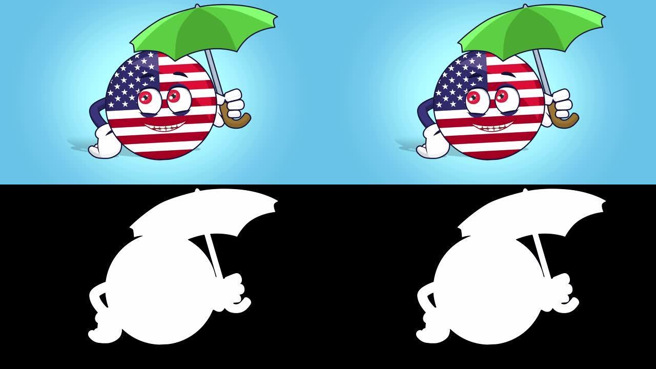 卡通美国图标国旗下的美国伞与脸动画