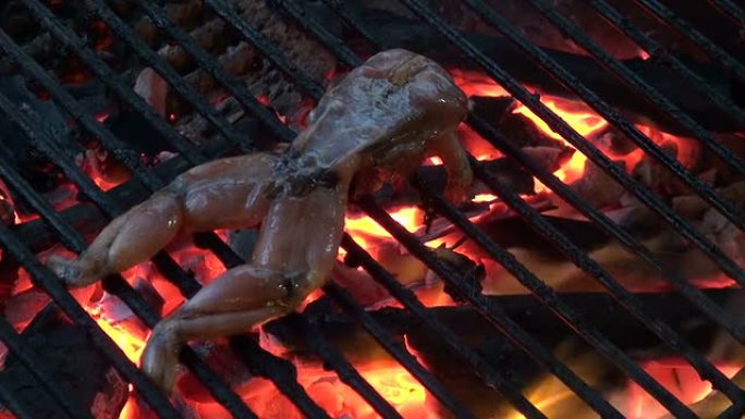 木炭烧烤上的青蛙肉