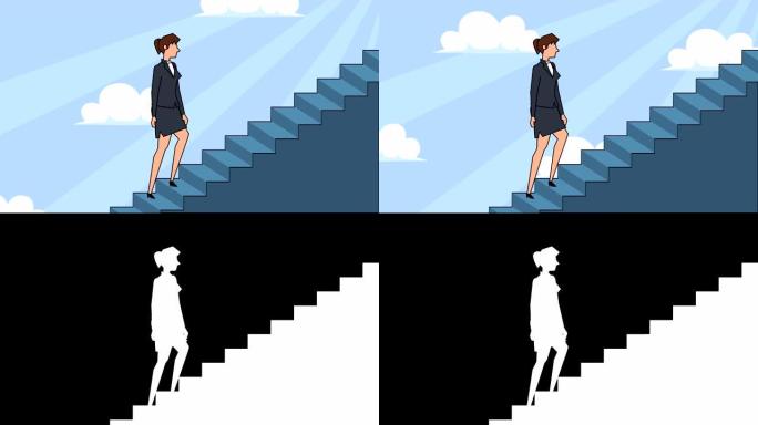 平面卡通女商人角色走上职业阶梯楼梯概念动画