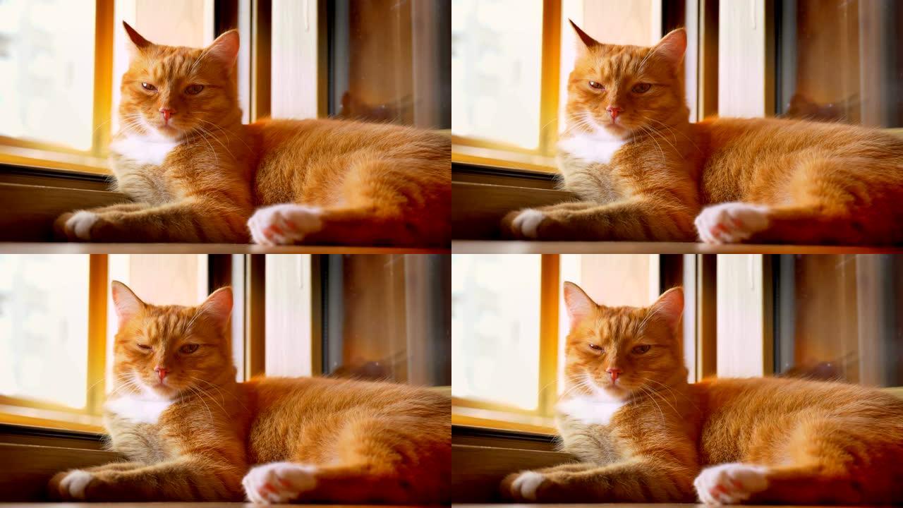 可爱的橙色小猫躺在开着窗户的阳台上，享受阳光明媚的日子，他的耳朵在动，眼睛在闭