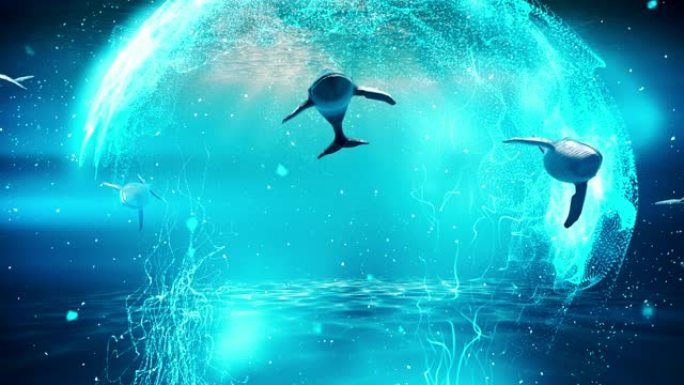 鲸鱼在水面附近的蓝色水中旅行，3d渲染。