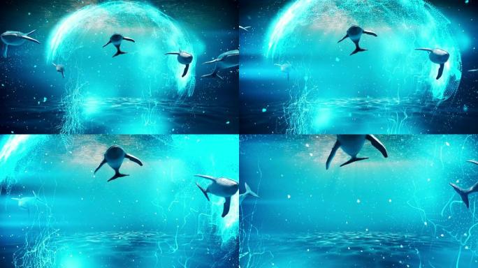 鲸鱼在水面附近的蓝色水中旅行，3d渲染。