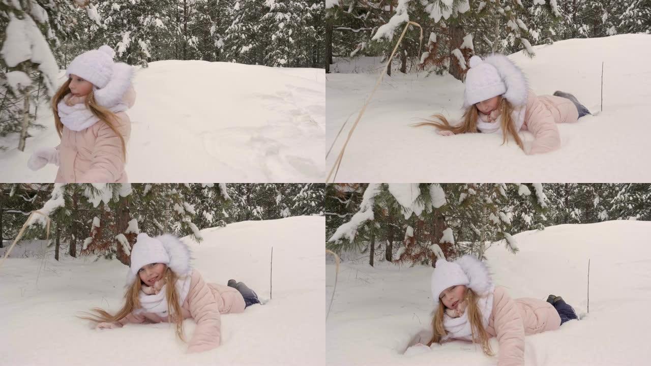 女孩在雪地上奔跑和摔倒。