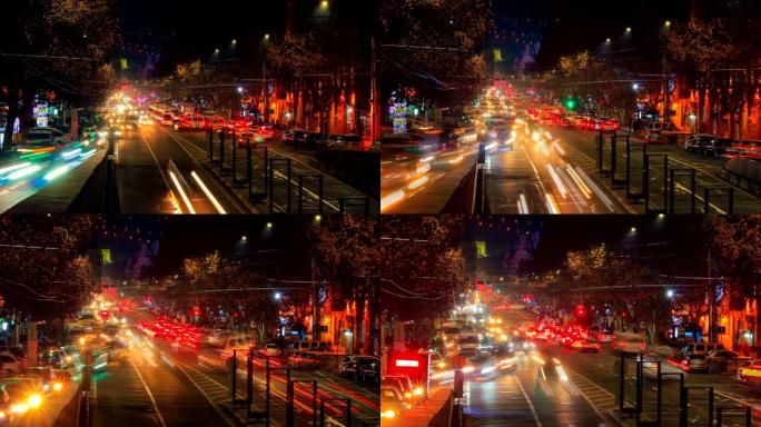 夜间在埃里温 (Yerevan) 街头混搭上长时间曝光的汽车的延时视频。摄像机正在接近。