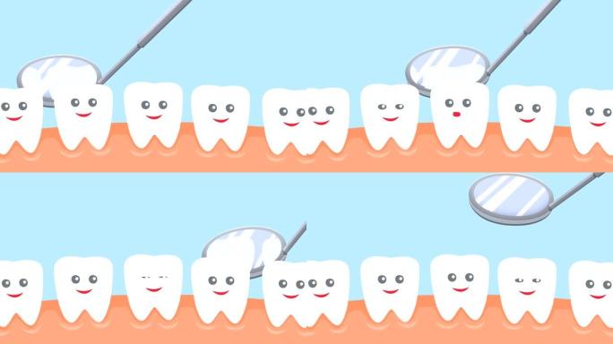 牙科卡通动画牙龈与白色健康牙齿检查与镜子。牙医招待会