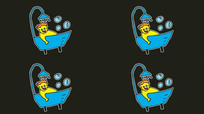 孩子们画黑色背景，主题是人和浴缸