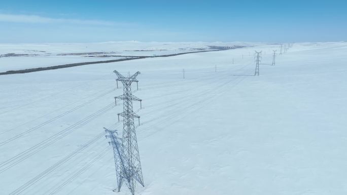 内蒙古呼伦贝尔雪原电力传输自然风光航拍