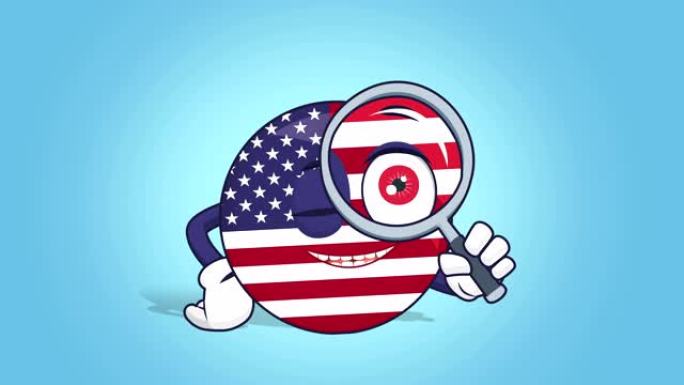卡通美国标志美国国旗通过放大镜看与脸部动画