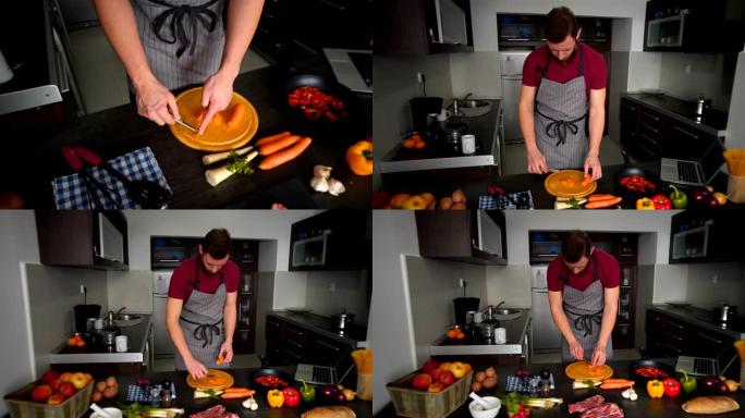 炊具男子在厨房板上切碎胡萝卜。