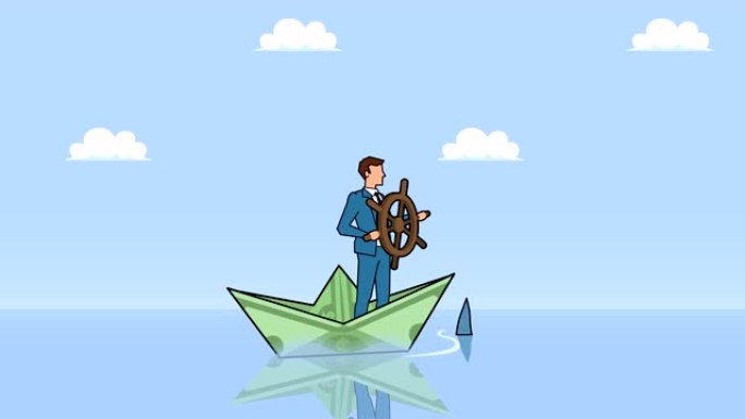 平面卡通商人角色，掌舵轮漂浮在鲨鱼商业控制概念动画附近的美元纸船上