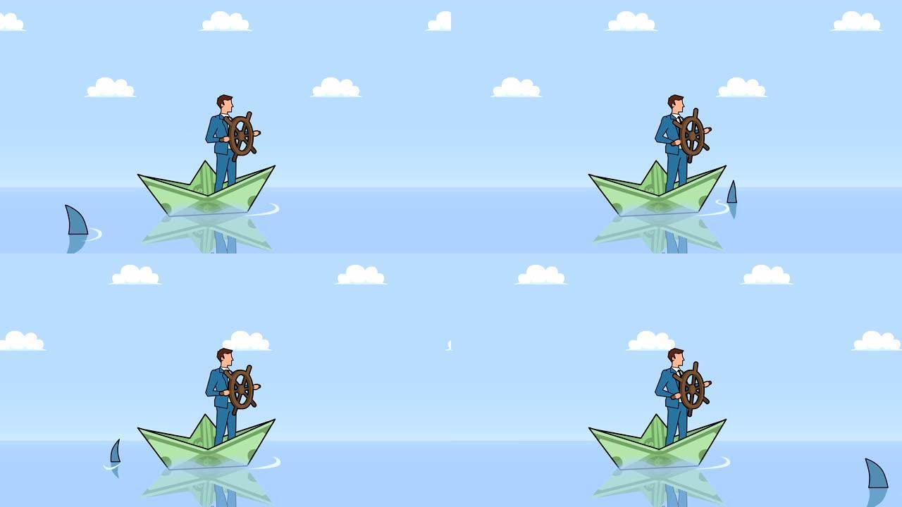 平面卡通商人角色，掌舵轮漂浮在鲨鱼商业控制概念动画附近的美元纸船上